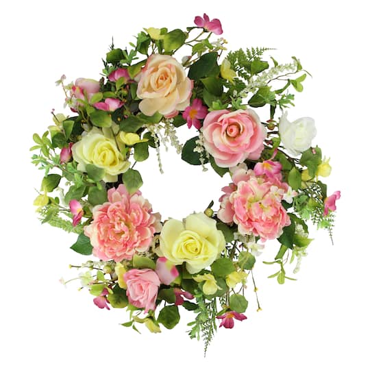 22" Pink & Yellow Rose & Peony Floral Artificial Spring Wreath By Northlight | Michaels®